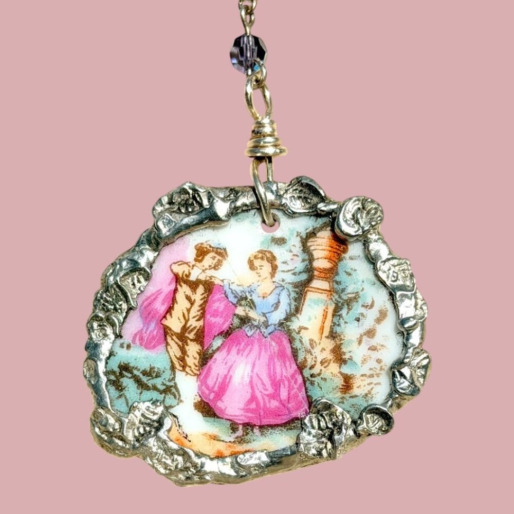Broken China Hand-Painted Porcelain Fragonard Cameo w/ Sterling Silver Necklace